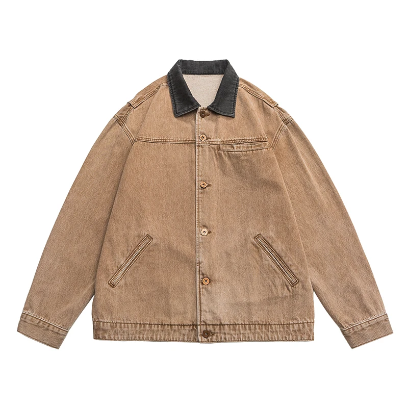 

Autumn Men's Baggy Denim Jacket Vintage Street Fashion Lapel Stitching Brown Casual Jacket Japanese Streetwear Male 4XL 5XL