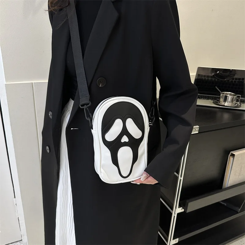 Edgy Skull & Ghost Crossbody Shoulder Bag, New Funny Phone Carrier Purse for Women/Men Compact Square Bag Gothic Personality