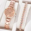 Ladies Fashion Simple Digital Alloy with Quartz Watch Bracelet 2pcs Set Luxury Women Simple Dial Ladies Watches 1
