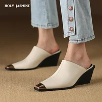 2025 New Ladies Genuine Leather Metal Head Mules Fashion Med Chunky Heels Summer Wedges Slippers Women Casual Office Shoes Woman