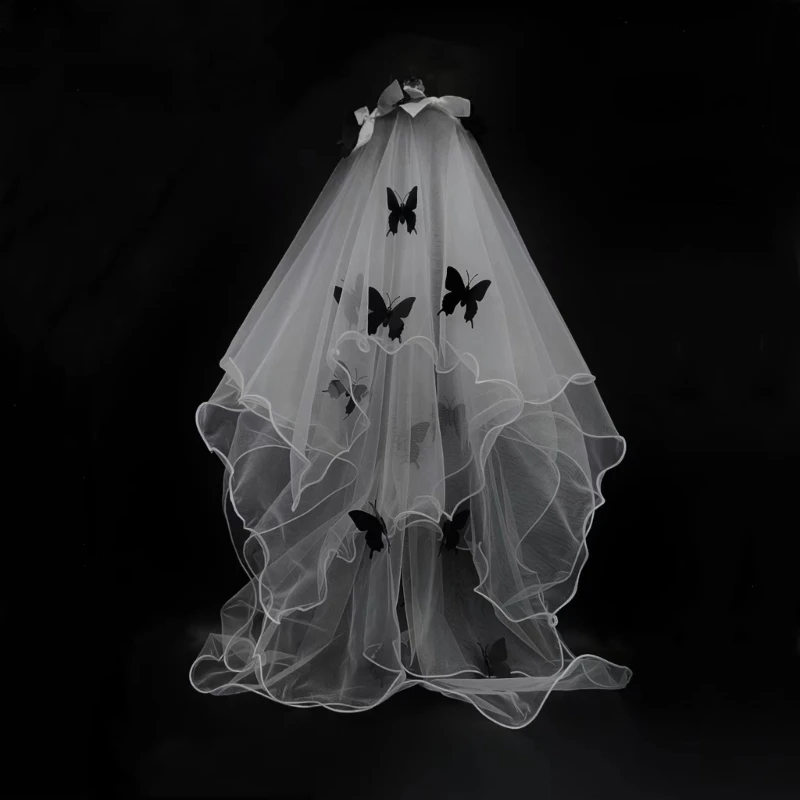 

Wedding Bridal Tulle with Black Butterfly Halloween Bride Wedding Party Tiaras Women Long Veil for Taking Photo Supplies