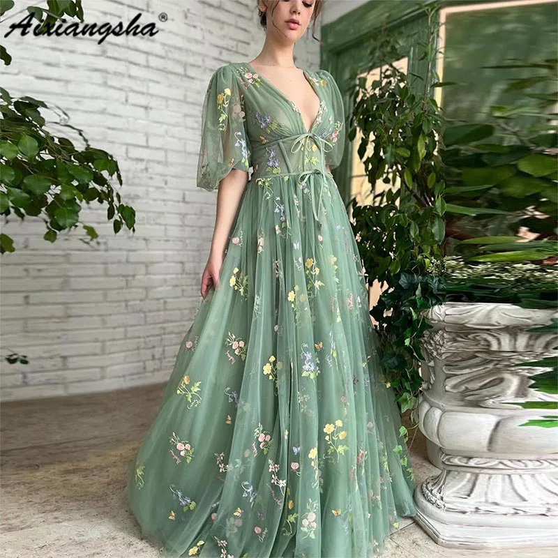 

Aixiangsha Green Embroidery Lace Prom Dresses Puff Sleeves A-Line Long Wedding Party Gowns Open Back Tulle Evening Dress 2023