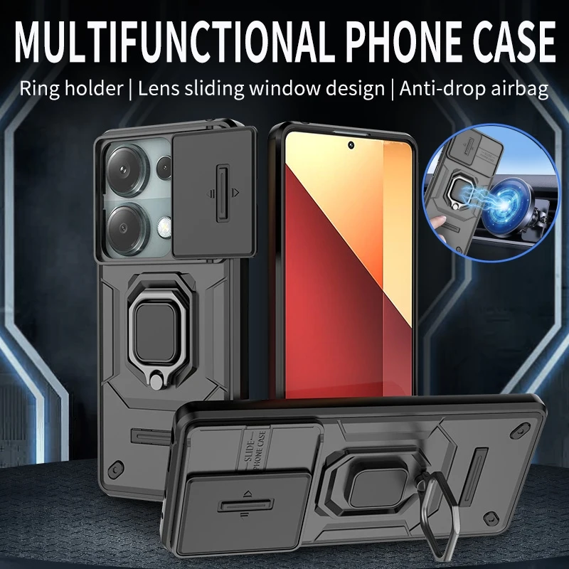 Case Shockproof Armor Slide Lens Protection Ring Stand Cover For Xiaomi Redmi Note 13 Pro 4G