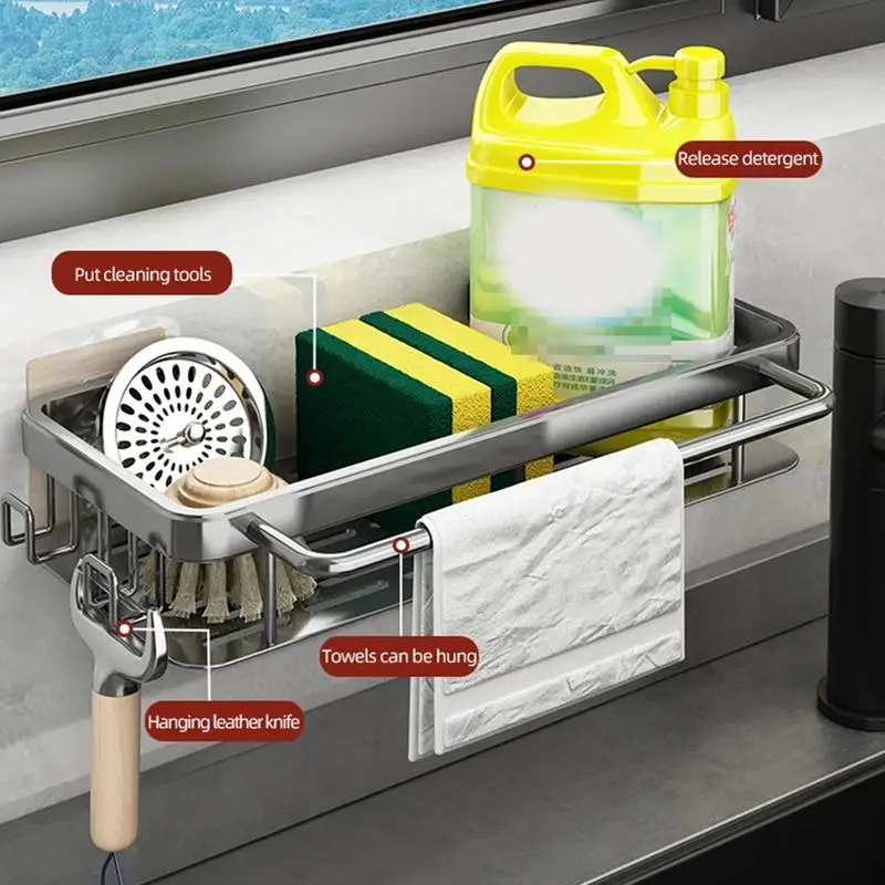 Kitchen Sink Caddy No Punching Sink Organizer Caddy Dish Cloth Hanger Kitchen Accessories Draining Rack For Sponges Wipes And