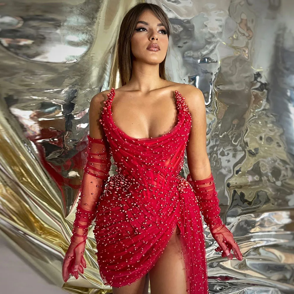 Burgundy Cocktail Dresses High Side Split Sexy Mini Party Dress Women Tulle Pearls Zipper Prom Gown robes de soir&eacute;e GDS980037