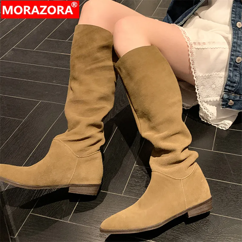 

Женские сапоги без застежки MORAZORA, черные сапоги до колена из коровьей замши, на толстом низком каблуке, размер 34-42, зимний сезон 2024