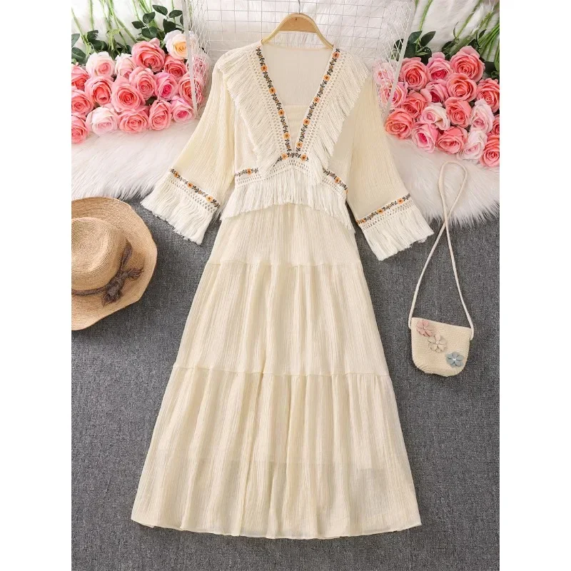 

Retro Long Dresses Women Summer Sweet V-neck Half Sleeve Tassel Patchwork A-line High Waist Lace Dress Vintage Vestidos Dropship