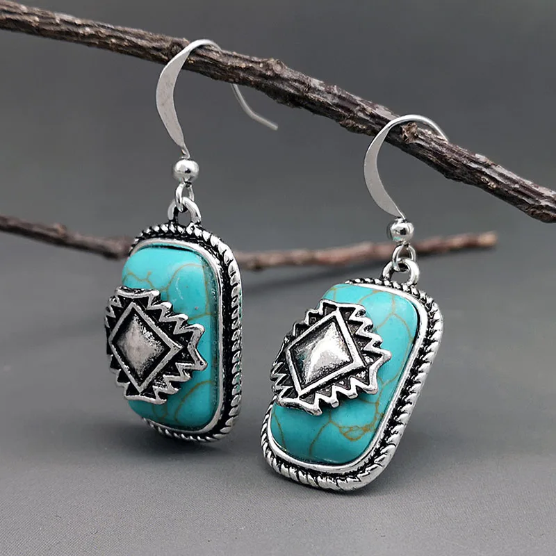 Bohemian Shield Design Geometric s Earrings for Women Tribal Jewelry Antique Silver Color Blue Stone Earring