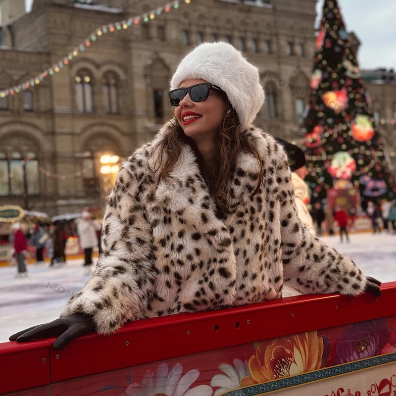 Exclusive Long Brown Leopard Fox Fur Coat Women Winter New Luxury Hot Brand Fashion Girls Faux Fur Jacket Overcoat