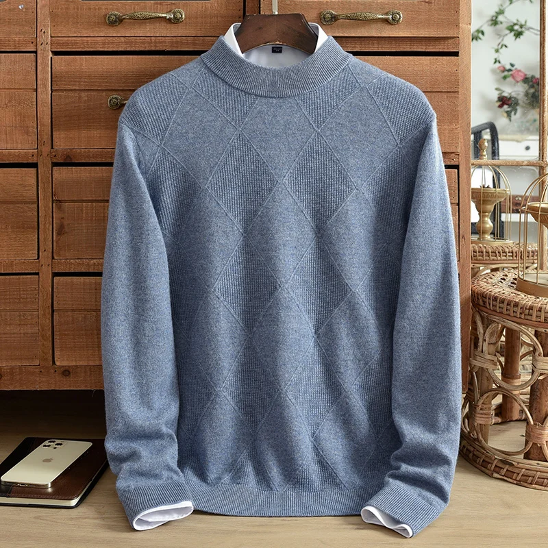 New Half High Collar Pure Cashmere Sweater Men's Pullover Middle aged Solid Diamond Jacquard Winter Warm Upscale Casual Sweater