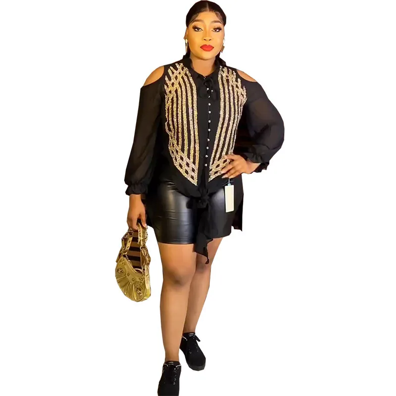 

Two Piece Women Sets Spring Summer Diamond Chiffon Long Sleeve Shirt Slim Shorts Outfits Fashion Party African Suit New Arrival