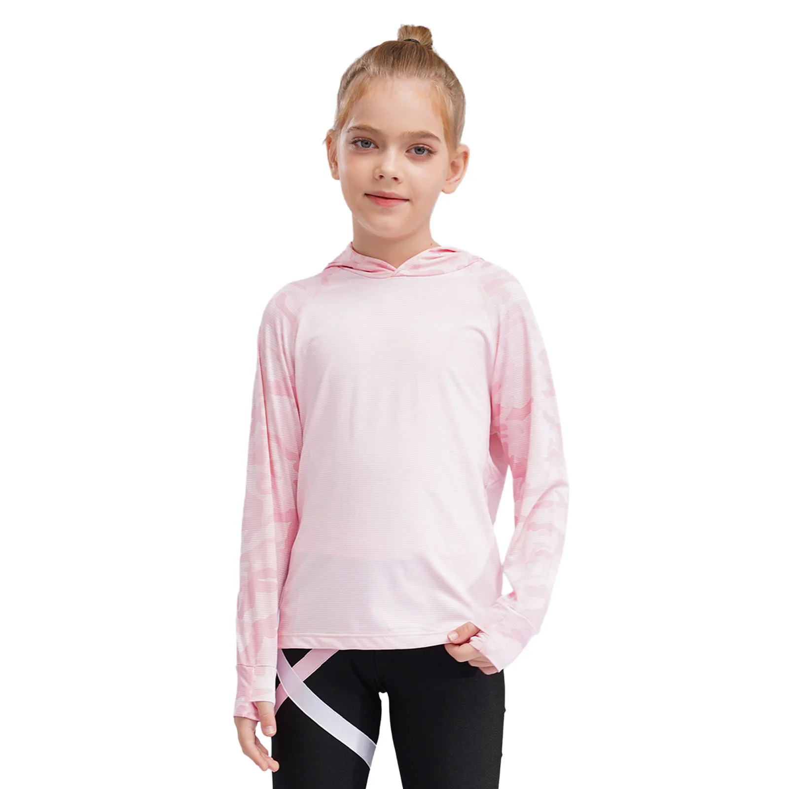 Kids Girls Camo Print Athletic Hoodie with Thumbholes Sweatshirt Quick Dry UPF 50+ Rash Guard Sun Shirt kids athletic hoodie