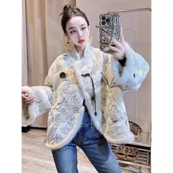 High End Modern Chinese Clothes for Women Cheongsam Top Printed Standing Neck Long Sleeved Thickened Winter Loose Slim Top