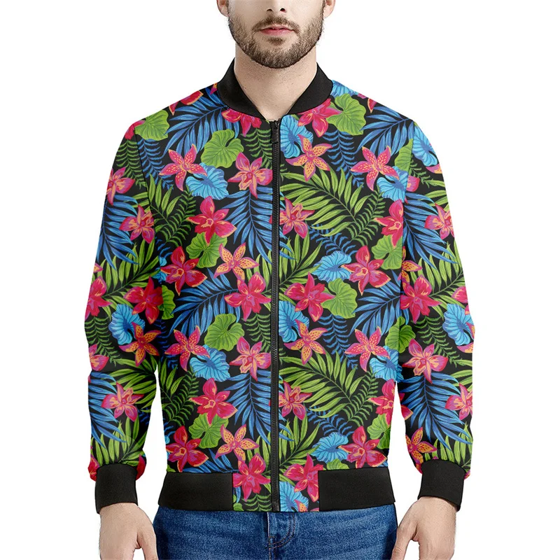 thumbnail image 1 of Chaqueta con estampado de flores coloridas hawaianas para hombre, sudaderas con estampado 3D de plantas tropicales, abrigos de manga larga con cremallera estilo bombardero callejero, 1 of 4
