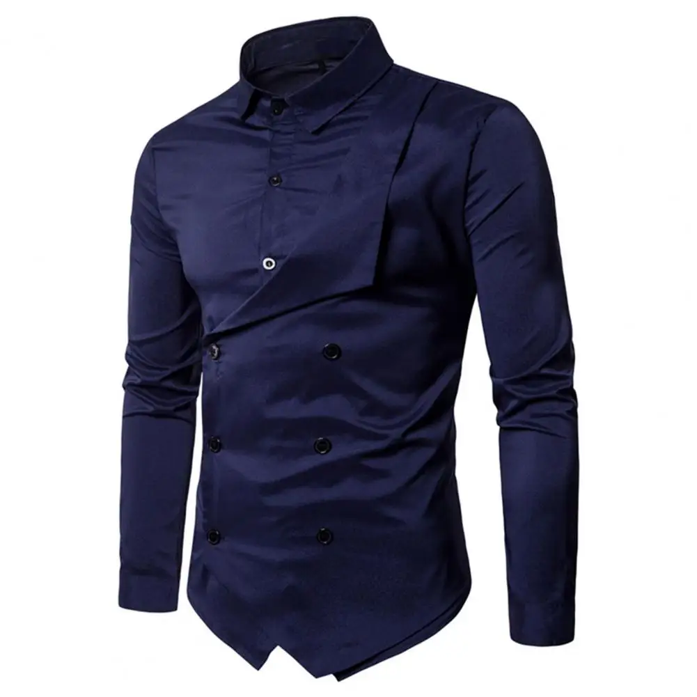 Autumn Winter Solid Color Chef Shirt Men Double Breasted Lapel Fake Two Pieces Design Slim Fit Work Shirt Workwear men casual shirts