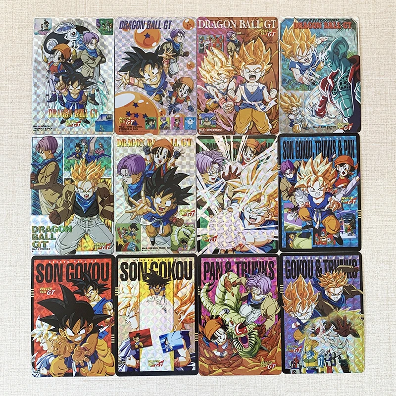 

12Pcs/set 86X59Mm Self Made Dragon Ball Gt Serie Son Goku Torankusu Refraction Color Flash Card Anime Peripheral Collection Card