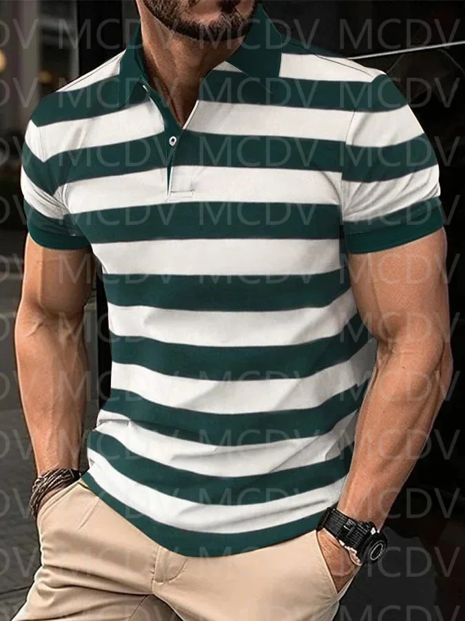 

Casual Fashion Men's Contrast Stripe Polo 3D Printed Polo Shirt Summer Men's Tops
