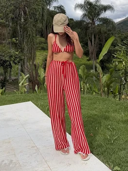 Beach Vacation Knit Bra Pants Sets Women Lace Up High Waist Wide Legs Striped Outfits Female 2026 Summer New Chic Set 3 Pieces 1