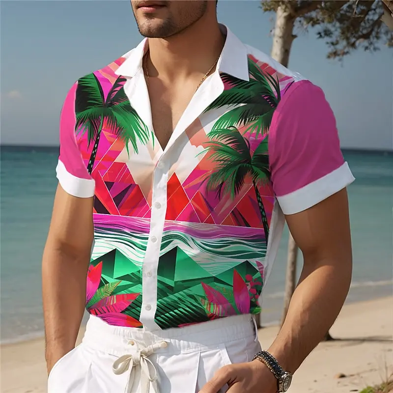 Geometric Palm Tree Casual Men's Shirt Outdoor Street Casual Daily Summer Cuban Collar Fashion Button-Down Short Sleeve Shirt