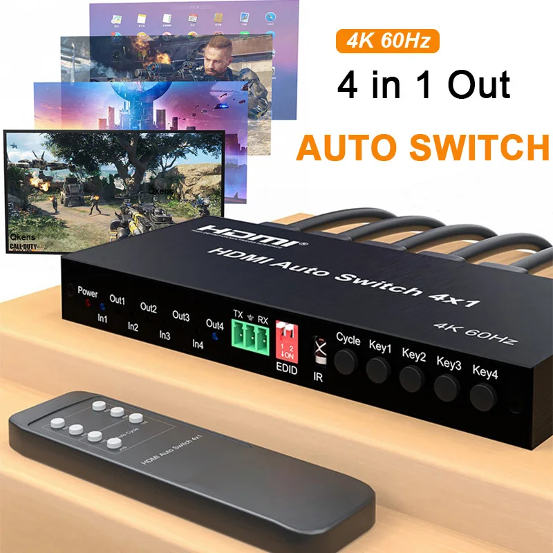 4k 60hz HDMI Auto Switch 4x1 HDMI Switcher Selector HDR 3D 4 in 1 Out ...