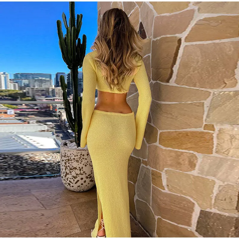 Sexy Knitted Hollow Out Long Dresses Women Casual Solid Slim Fit O-neck Slit Maxi Dress Sun Protection Female Summer Beach Party