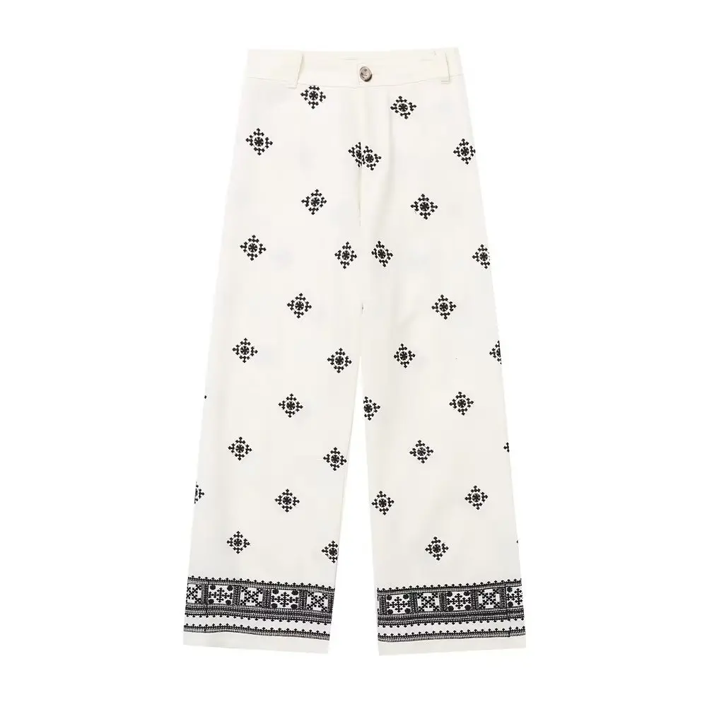 Vintage Embroidery Casual Linen Wide-Leg Pants
