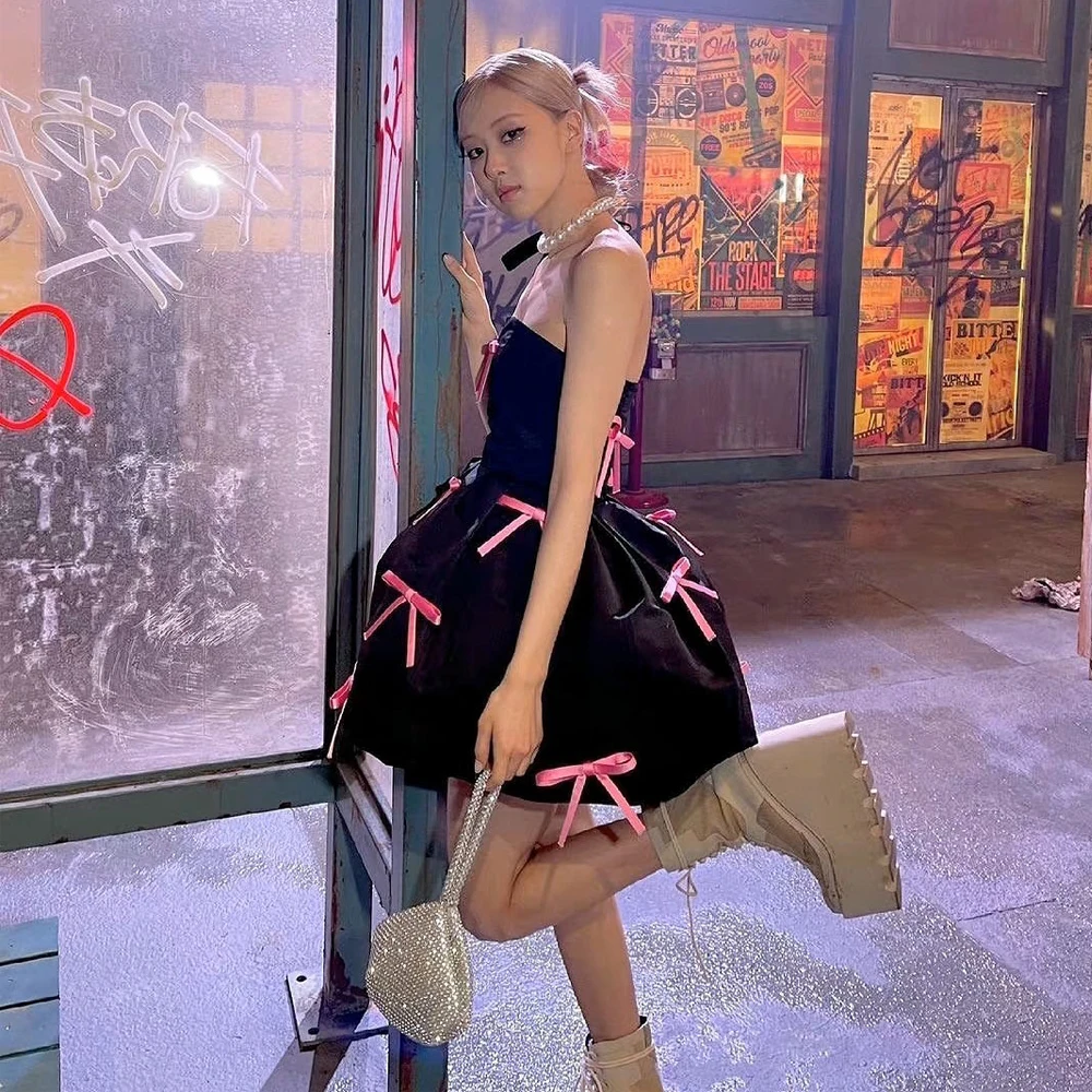 

Summer Bow Tube Top Dress Casual Fashion Sleeveless Sexy Black Dresses Women Strapless Sleeveless Vintage Ruffle Short Skirt