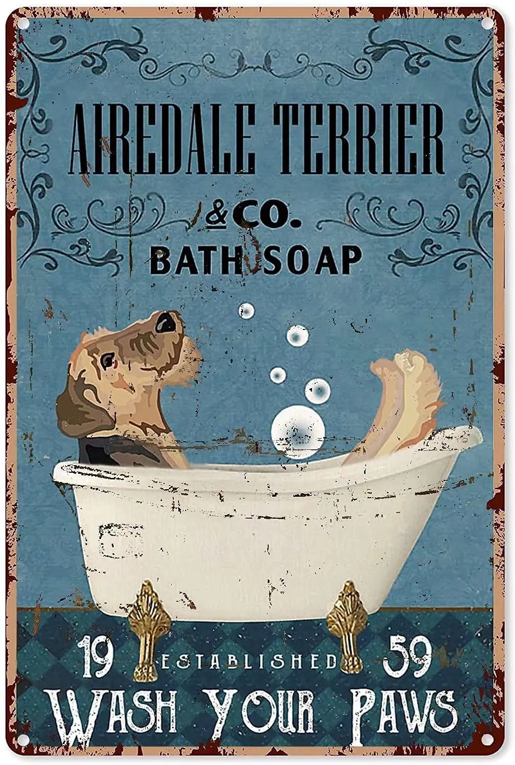 Airedale Terrier Dog Bath Soap Bagno Metal Tin Sign,Wash Your Paws Bar Farm Metal Poster Board Interessante Room Estetica