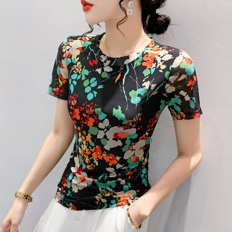 

Летние сетчатые топы с круглым вырезом, футболка с цветочным принтом, облегающая повседневная женская рубашка с коротким рукавом