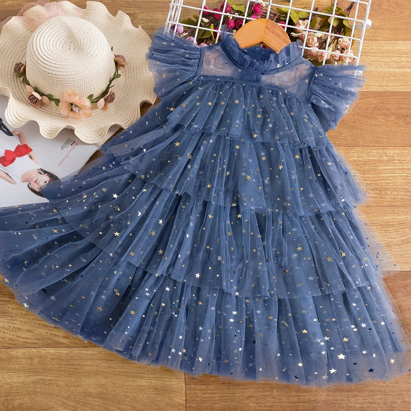 Girls Dress Summer Layers Cake Dress for Girls Sequin Ruffles Sleeve Tulle Tutu Dress Princess Birthday Party Vestidos Elegant Girls Dresses