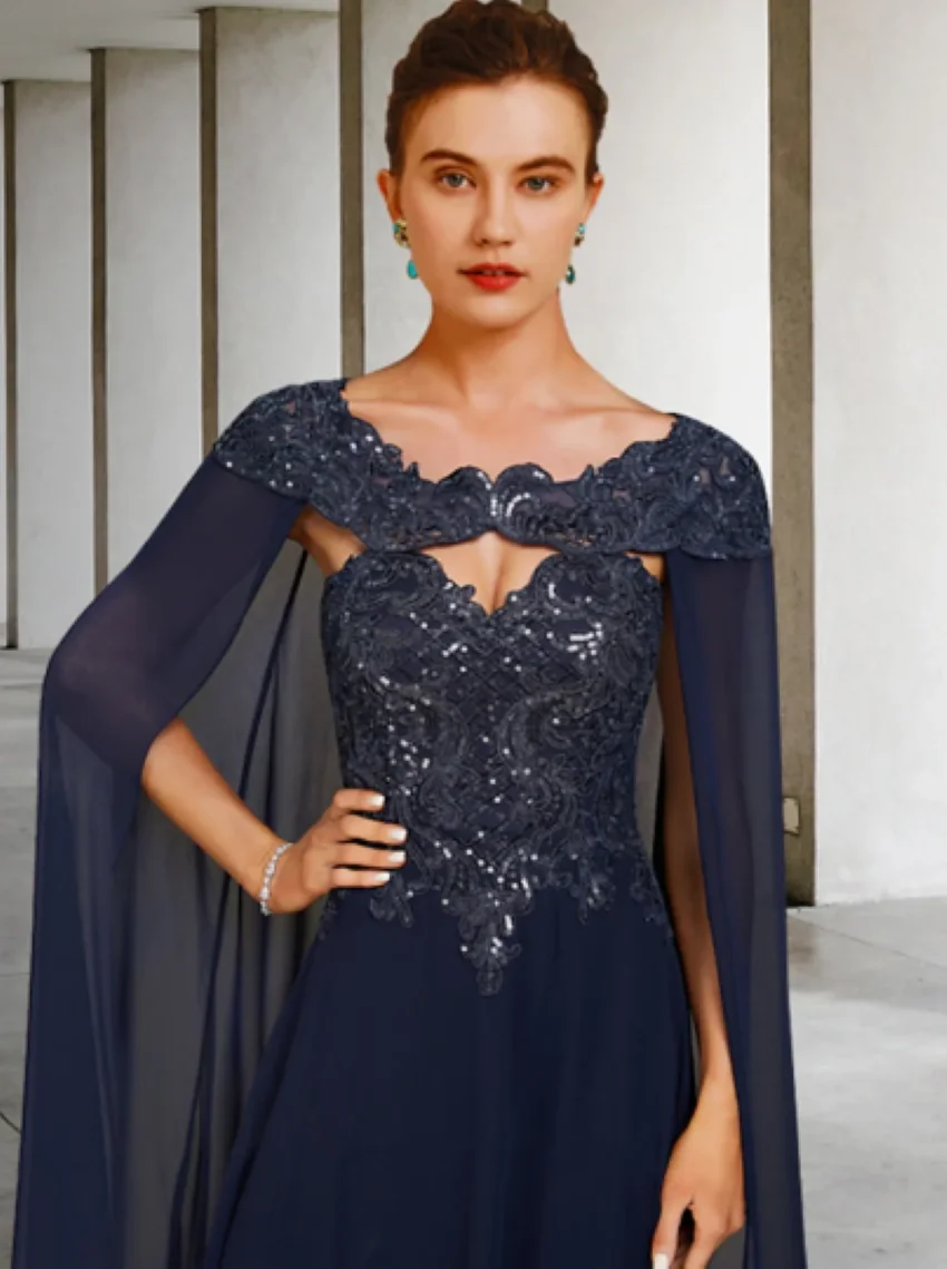 

Othray Vestidos Elegantes Para Mujer 2024 Long Navy Blue Mother of the Bride Dresses with Cape Wedding Party Dress