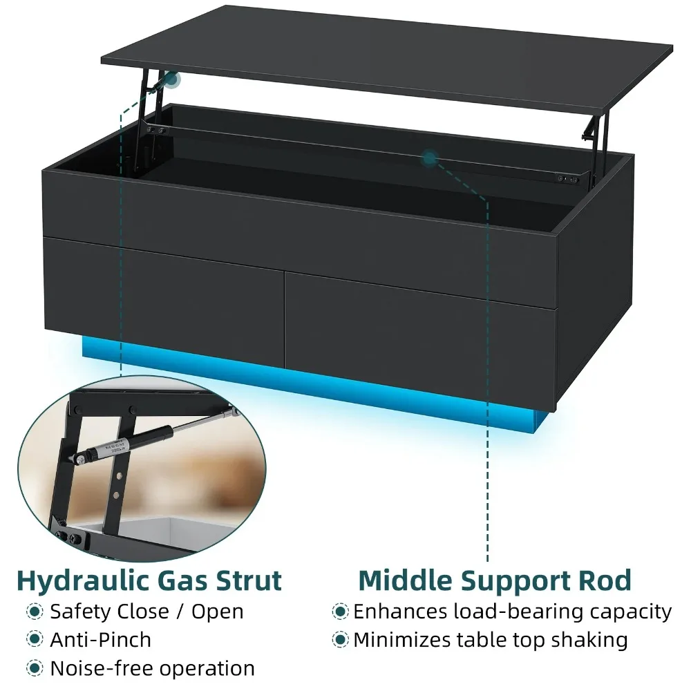 LED Lift Top Coffee Table with Storage Modern Coffee Tables for Living Room Rectangle High Gloss Center Table with 2 Drawers 2