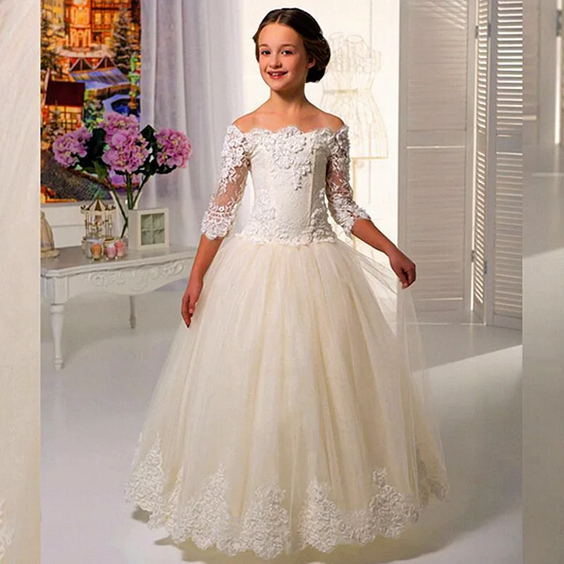 

First Communion Dresses Tulle Boutique Flower Girl Bridesmaid Princess Dress Puff Wedding Beauty Pageant Dream Kids Gift
