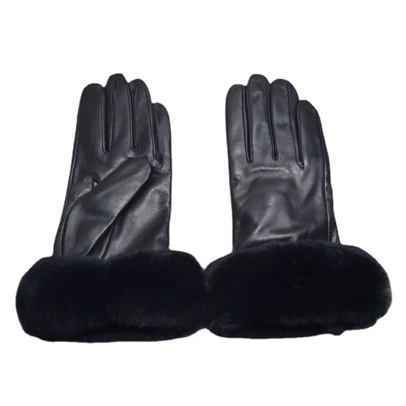 

10254 Women's Winter Leather Gloves Plush Touch Screen Rex Rabbit Fur Mouth Cycling Cold Insulation Sheepskin Mittens Wholesale