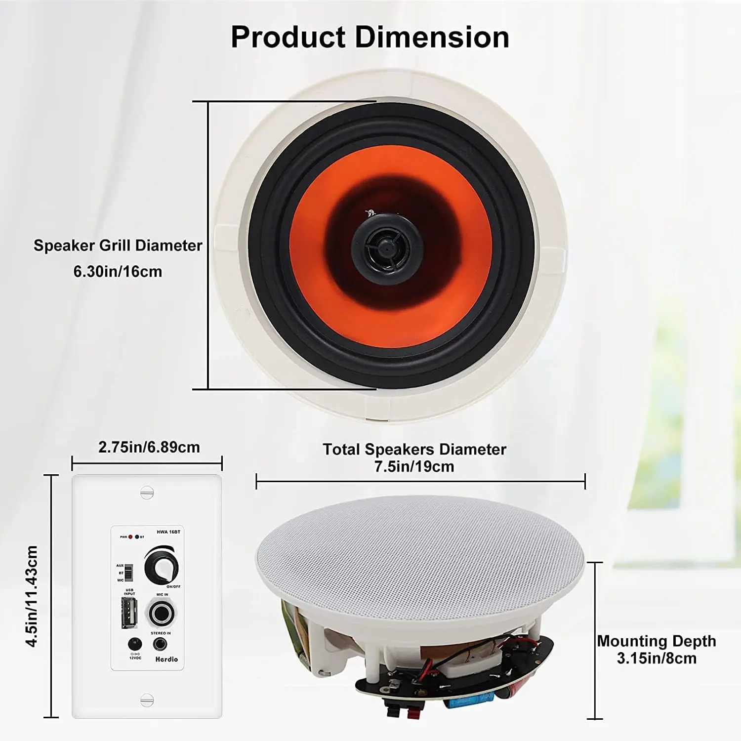 Wall Ceiling Speaker Herdio 6.5'' Bluetooth 320W Flush Mount In Wall Amplifier Receiver For Home Outdoor Porch