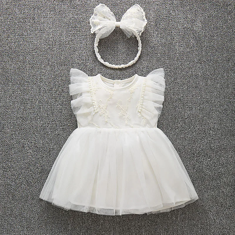 

Ruffles Sleeve Summer Baby Girl Lace Dress Princess Girls Wedding Party Dresses + Headbands Infants Clothes