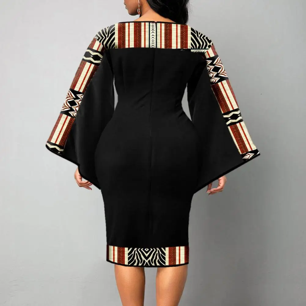 

Ethnic Print Dress Vintage Print Round Neck Midi Dress with Back Zipper Closure Hollow Out Horn Sleeve for Women Plus Size Lady