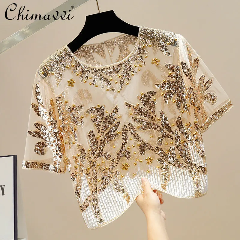 

Fashion Color Contrast Sequined Beads Pullover Short Sleeve Shirt Women's 2023 Summer Elegant Mesh See-through Versatile Blouses