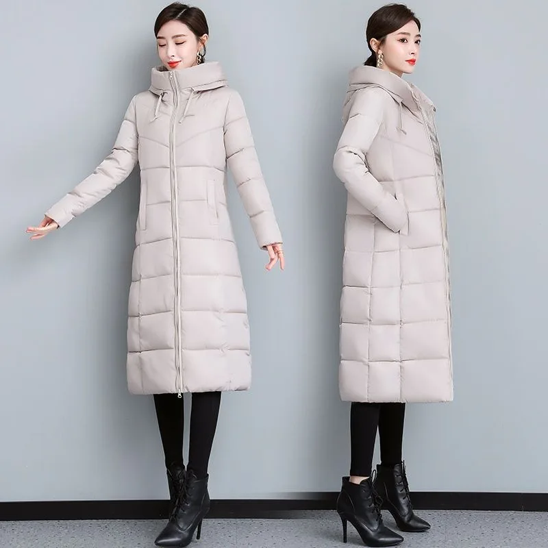2023 New Women Down Cotton Coat Winter Jacket Female Mid Length Version Large Size Slim Fit Parkas Outwear Hooded Overcoat