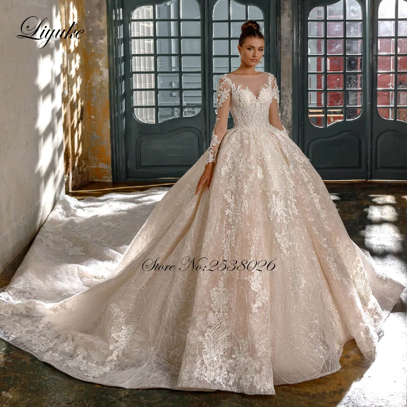 

Liyuke Gorgeous Beading Embroidery Lace Wedding Dress Full Sleeves Scoop Neckline Champagne Ball Gown Vestido De Noiva