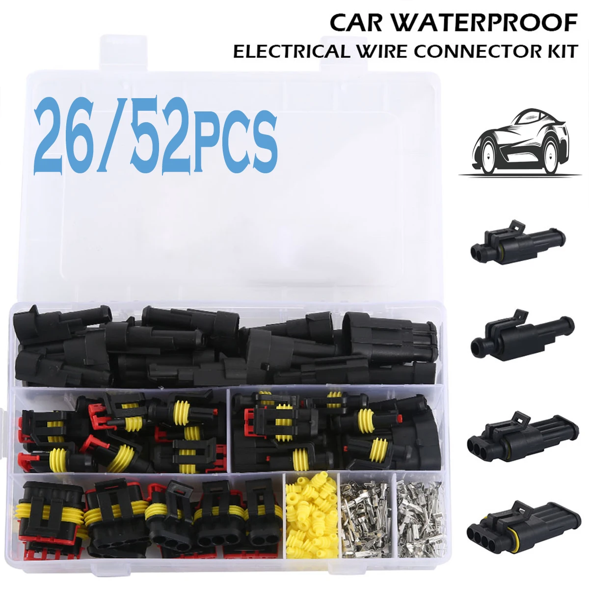 26Sets Car Electrical Wire Connector 1-4 Hole Waterproof Terminals Plug Kit Male&Female Pin Small Plug Xenon Lamp Harness Marine