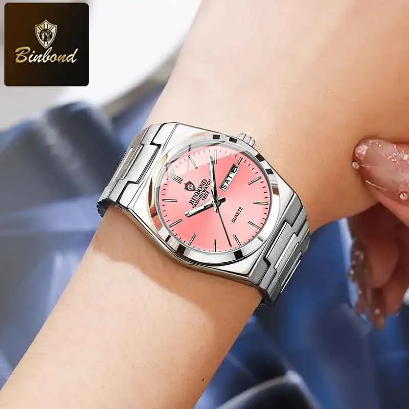 Elegant Women's Stainless Steel Waterproof Quartz Watch with Luminous Hands and Calendar