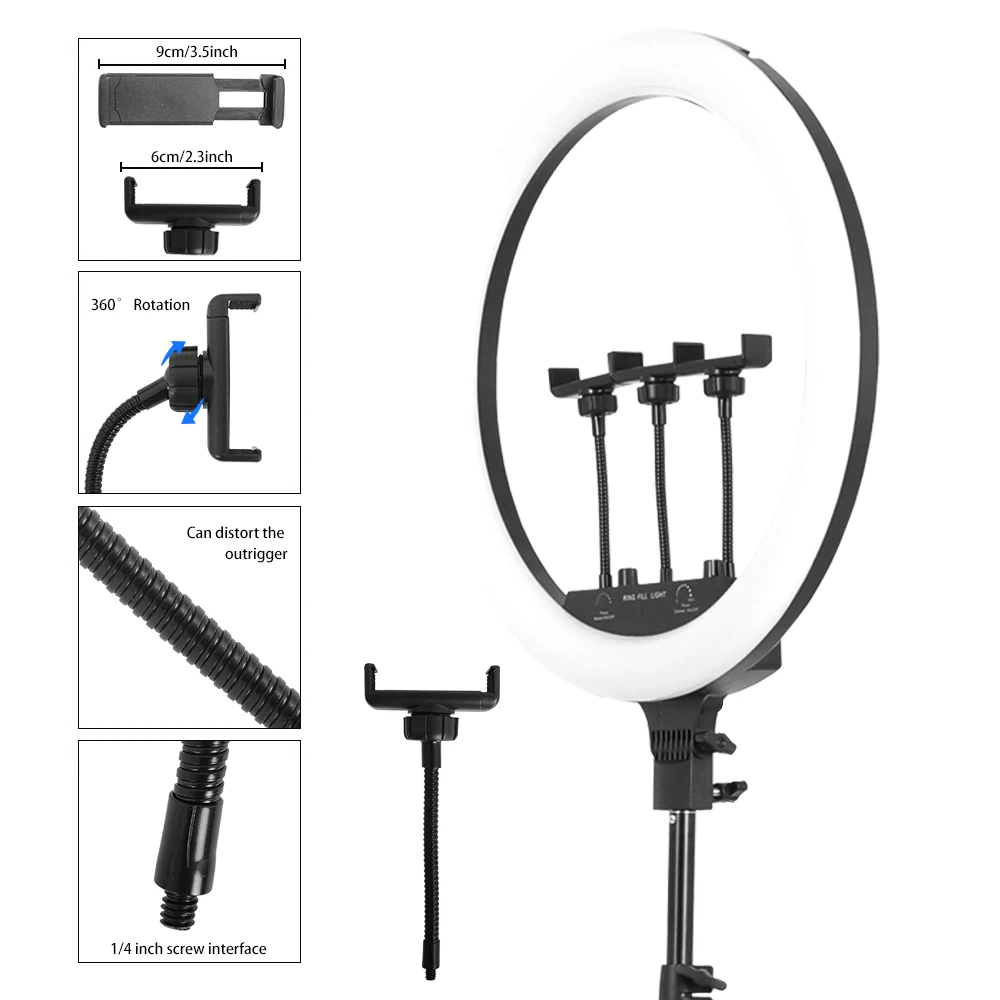 삼각대가 있는 셀카 RGB 링 라이트, 조도 조절 가능, 사진 스튜디오용, USB 충전식 LED 조명, 18 인치, 45cm