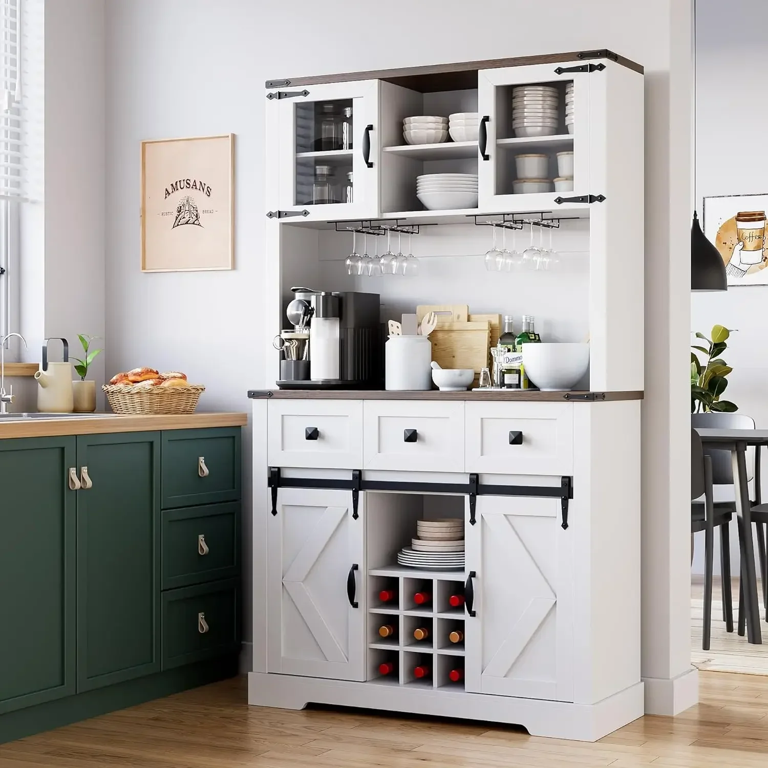 

Farmhouse Buffet Cabinet with Storage and Sliding Barn Door and 3 Drawers,Coffee Bar for Kitchen,Living Room,White