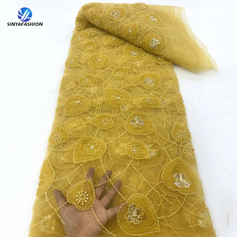 

Sinya Gold White African Lace Fabric 2024 High Quality Lace Luxury French Tulle Pearls Beads Lace Fabric For Wedding Party Dress