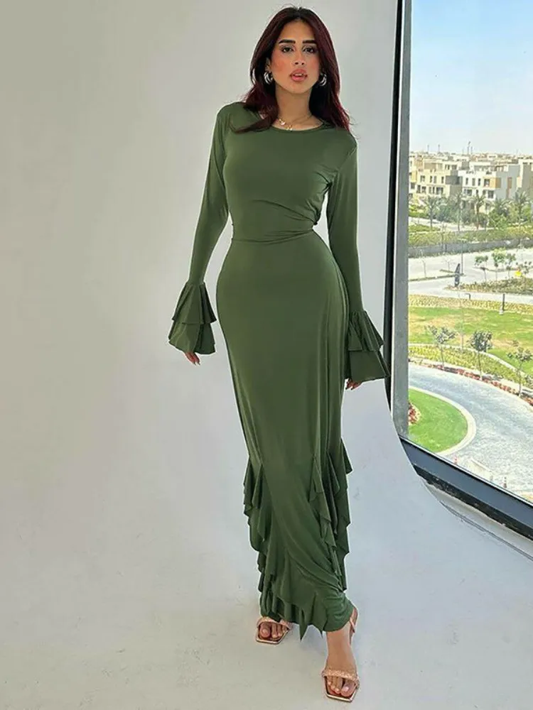 O Neck Knit Ribbed Long Sleeve Ruffles Women'S Dresses Elegant Evening Manufacturer Casual Y2K Prom Ladies Dress