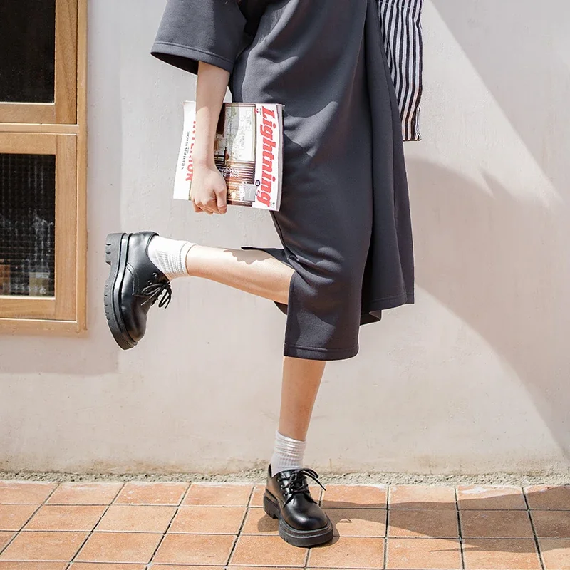 Maden British Platform Lolita Shoes for Women Lace Up Business Formal Dress Derby Shoes Ladies Round Toe Low-top Leather Boots