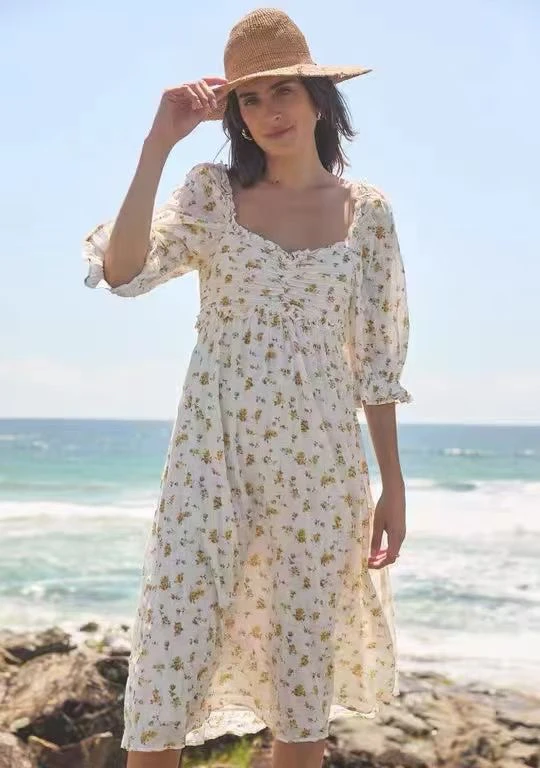 

Women Holiday Style Square Collar Floral Printed Elastic Chest Half Sleeve Midi Dress