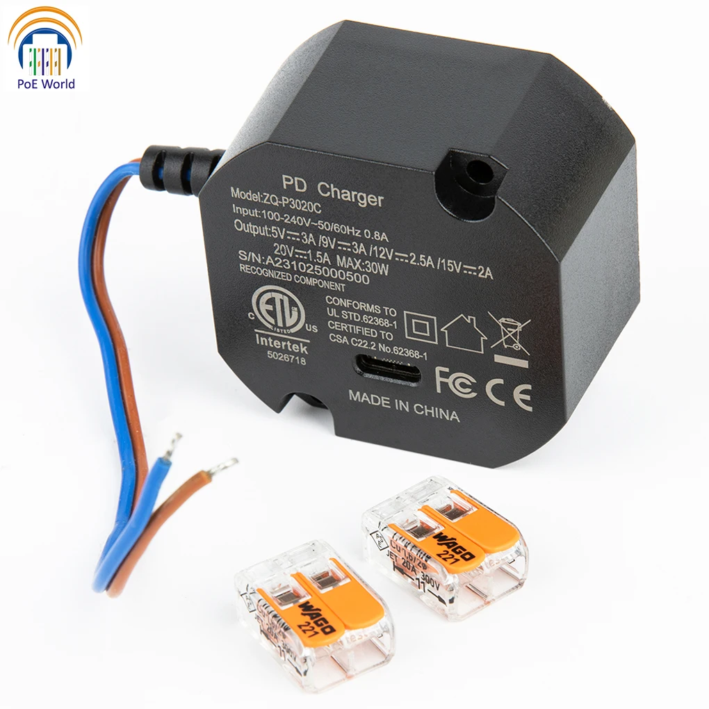 USB C Charger Flush Wall-mounted USB-C Charger 240V AC to 5V/9V/12V/15V/20V Type-C Power Supply 30W Max Output Adapter for Apple iPad Tablets