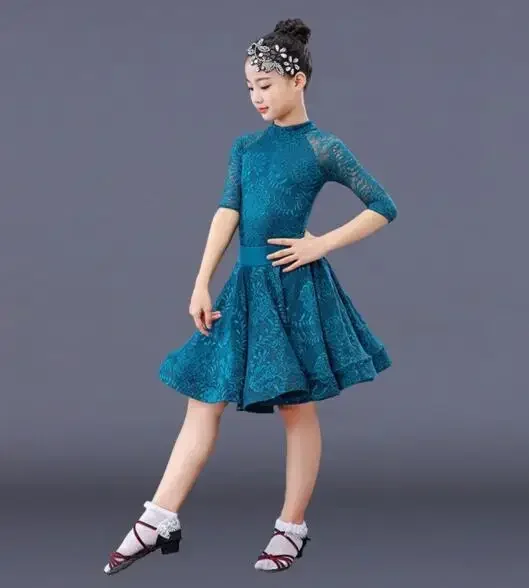 Dance Dress children Ballroom Salsa Tango lace dress Girl long sleeve Latin Dance dress